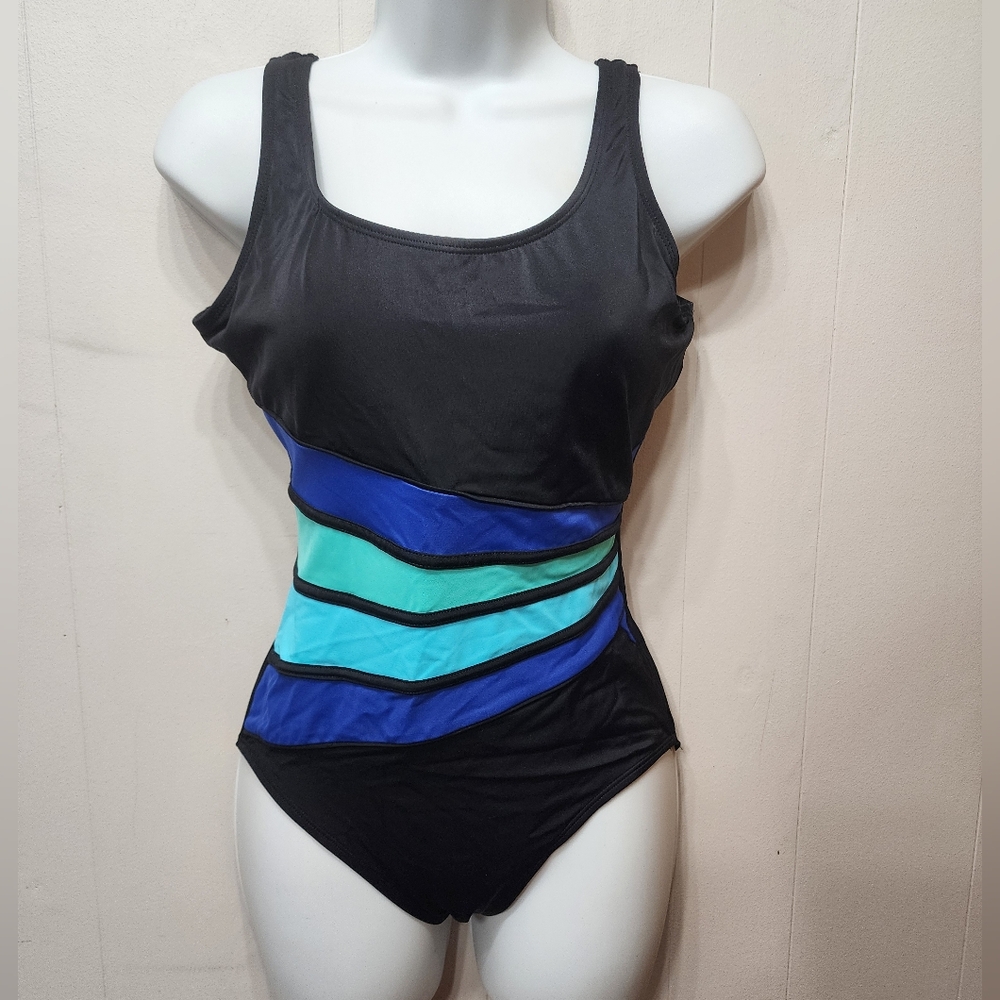 Islander Swimsuit Size 6 Black Blue Women's One Piece Beach Swim Padded C299